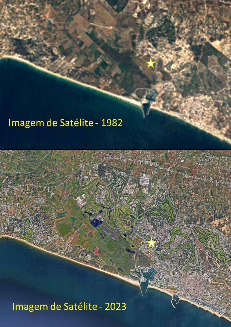 Fig. 2 — Crescimento de Vilamoura: imagens de satélite com 41 anos de intervalo