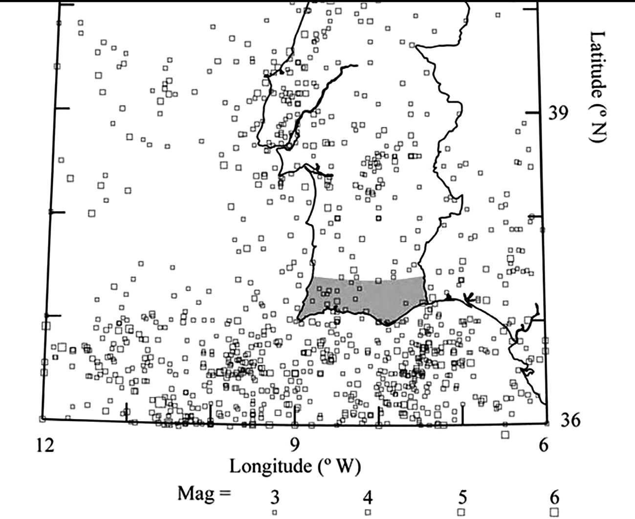 Fig. 5 — Mapa de epicentros de sismos na região do Algarve
